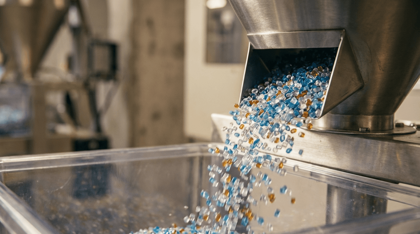 High-quality plastic raw material pellets arranged in organized containers