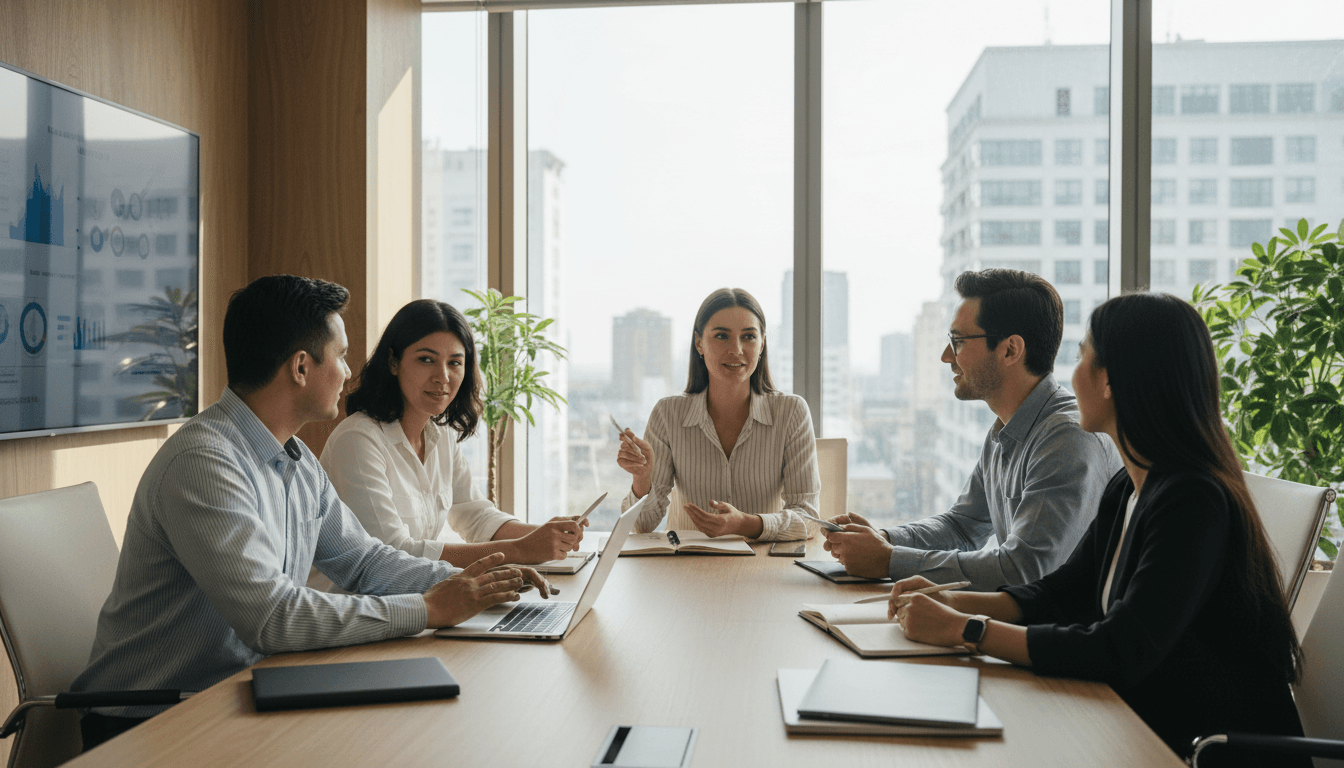 Diverse business team collaborating during meeting in modern conference room with natural lighting and professional atmosphere