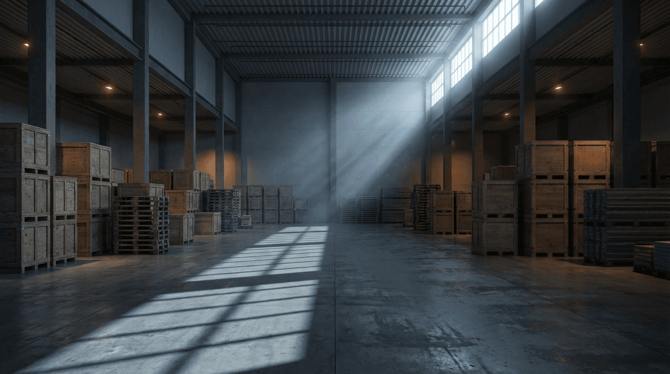 Organized polymer storage warehouse with stacked materials and professional staff