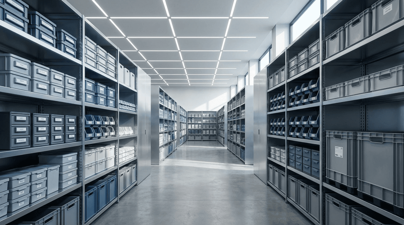 PVC resin pellets in organized warehouse storage