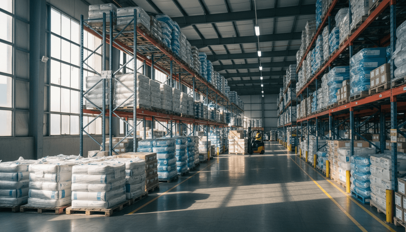Amplast Corporation warehouse with organized plastic raw material inventory