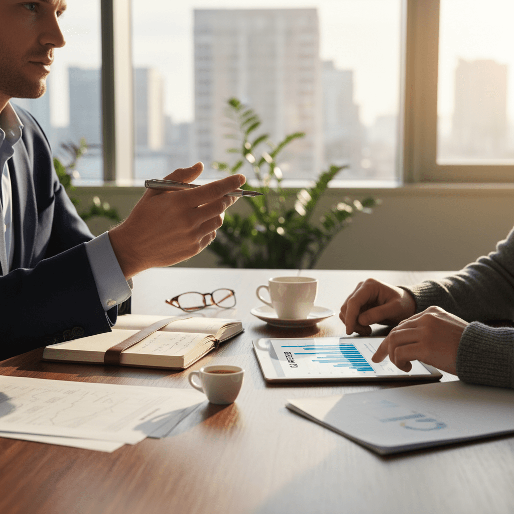 Two professionals collaborating over tablet and notes at wooden table during business meeting with warm natural lighting