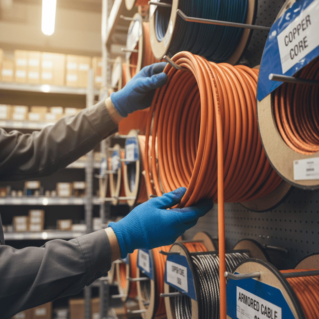 Gloved hands reaching for a spool of orange cable among various electrical wire reels.