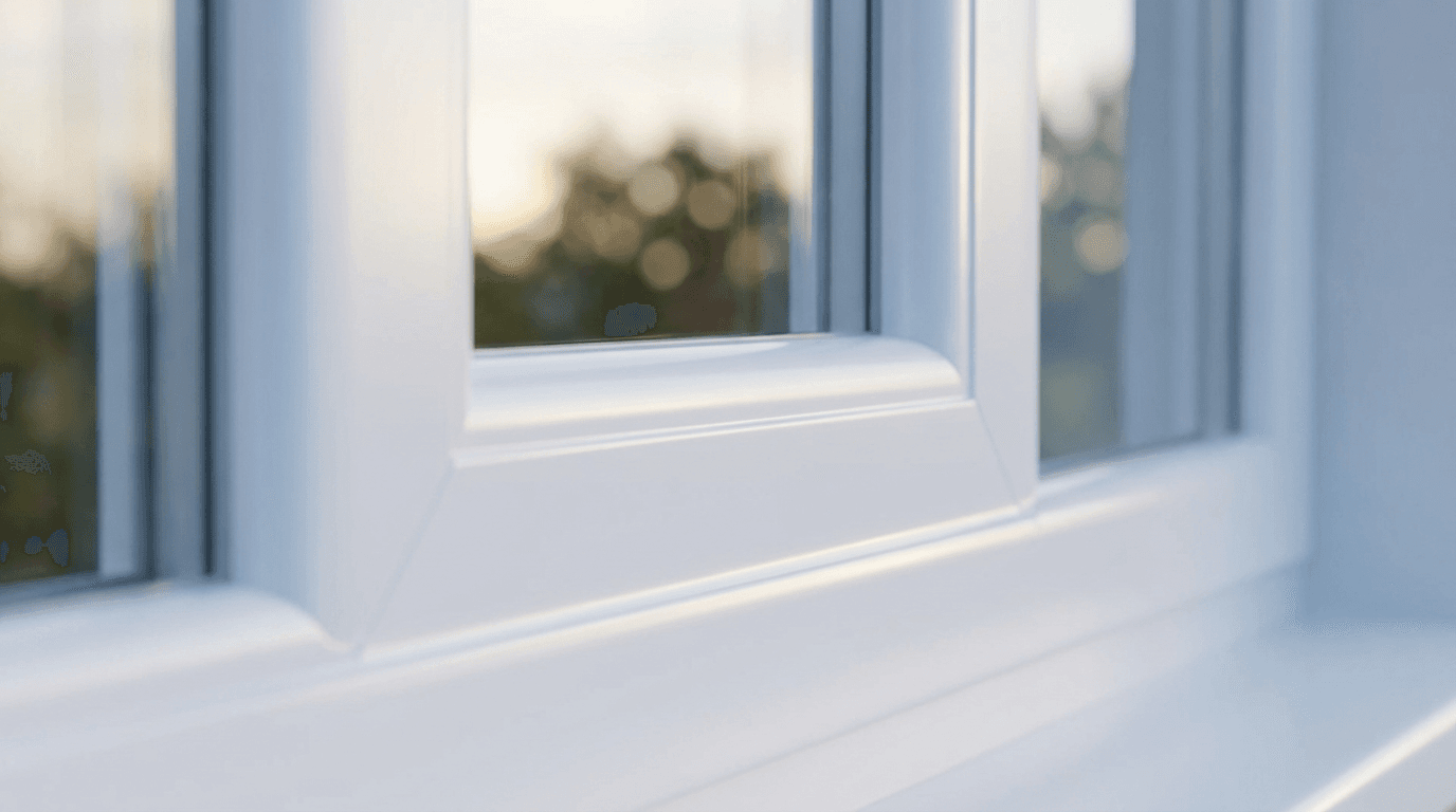 Pristine white uPVC window frame in golden light with clear glass and soft bokeh reflections.