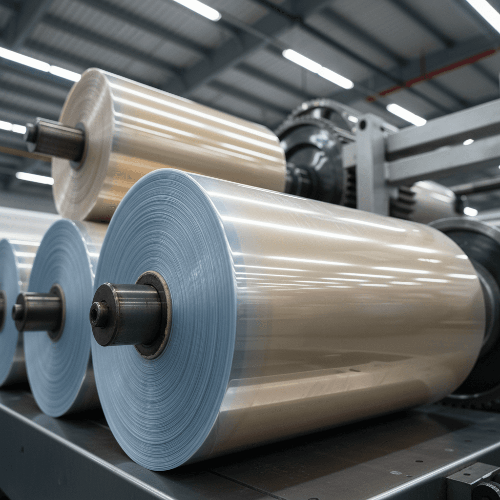 Close-up of stacked polyethylene film rolls showing transparent plastic textures and manufacturing precision