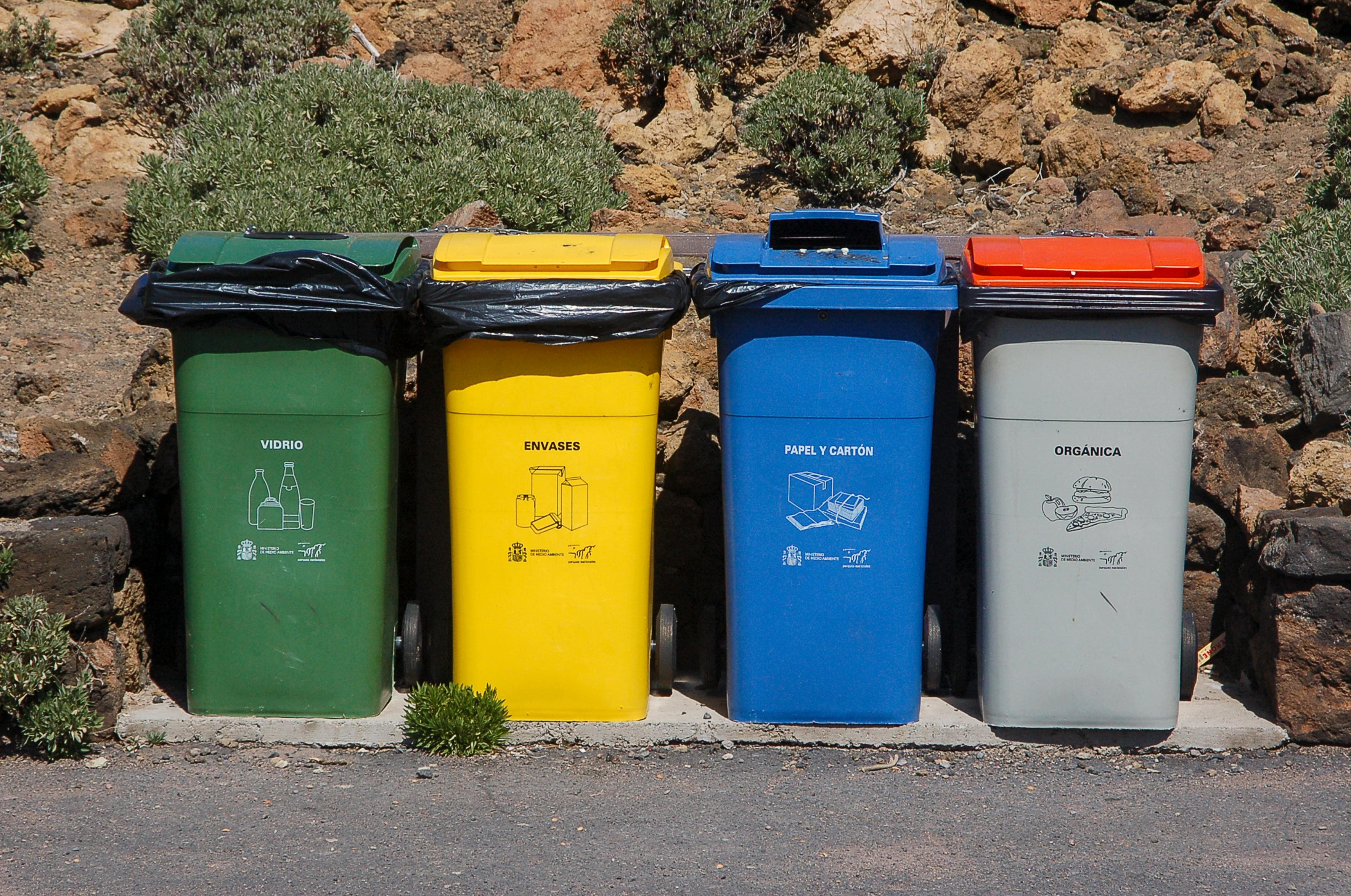 Four labeled recycling bins for glass, packaging, paper, and organic waste against a rocky background.